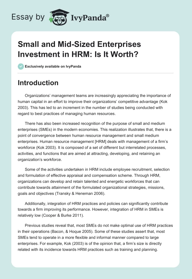 Small and Mid-Sized Enterprises Investment in HRM: Is It Worth?. Page 1