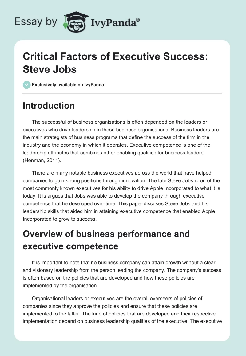 Critical Factors of Executive Success: Steve Jobs. Page 1