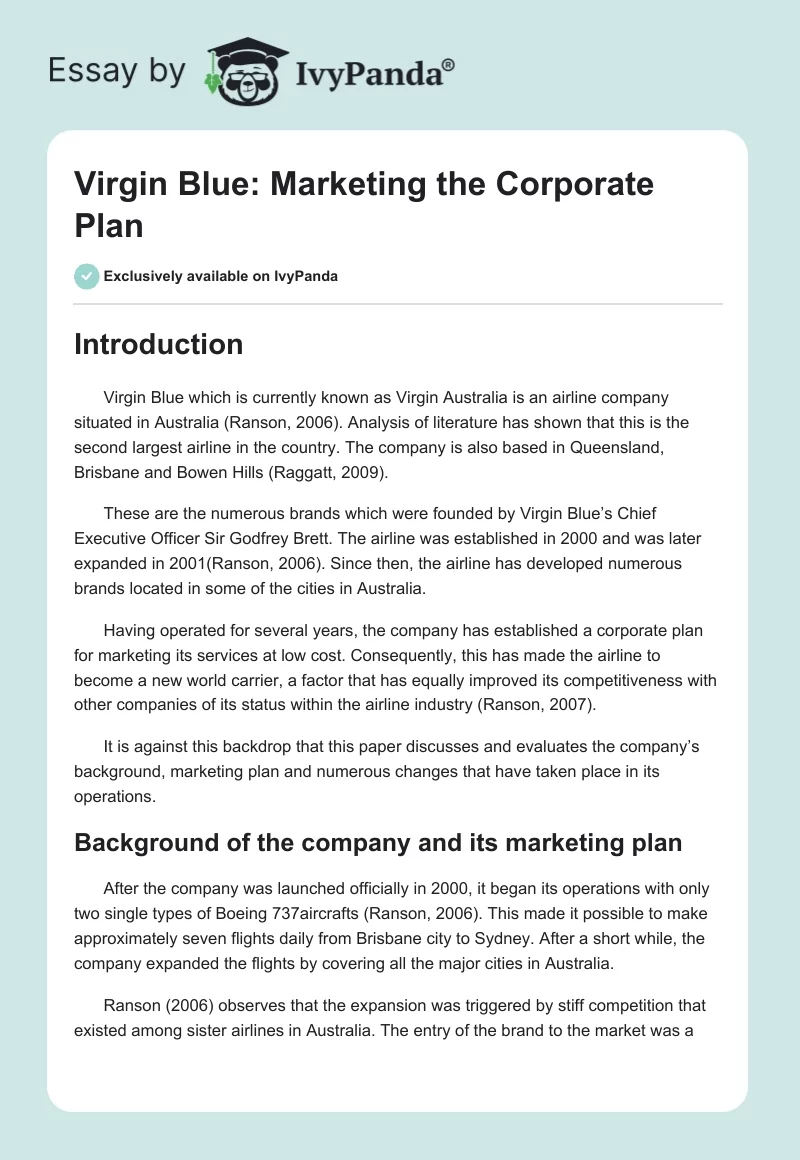 Virgin Blue: Marketing the Corporate Plan. Page 1