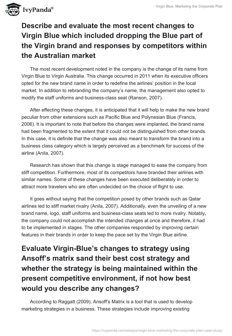 Virgin Blue: Marketing the Corporate Plan. Page 3