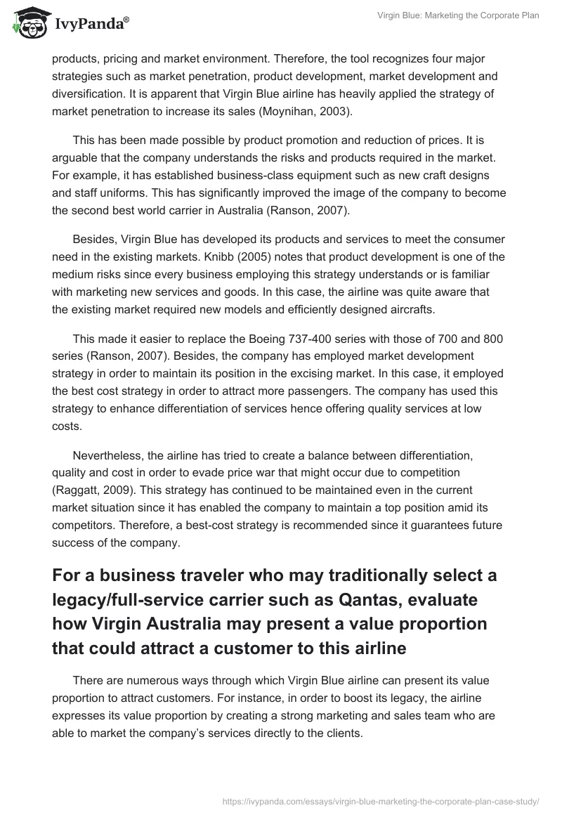 Virgin Blue: Marketing the Corporate Plan. Page 4