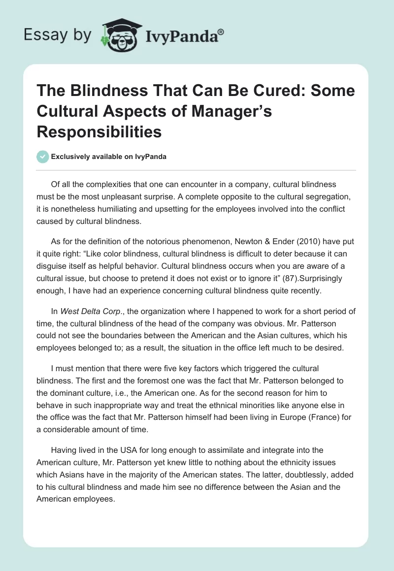 The Blindness That Can Be Cured: Some Cultural Aspects of Manager’s Responsibilities. Page 1