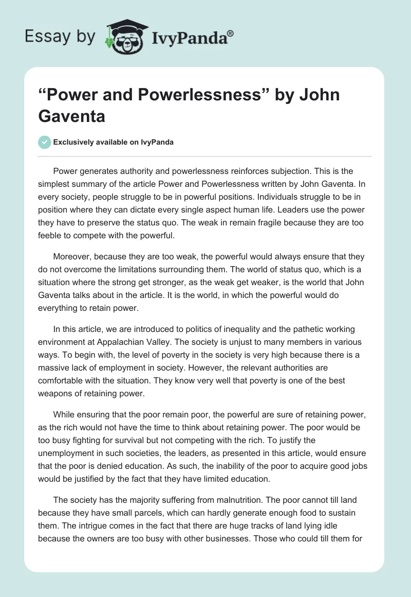 “Power and Powerlessness” by John Gaventa. Page 1
