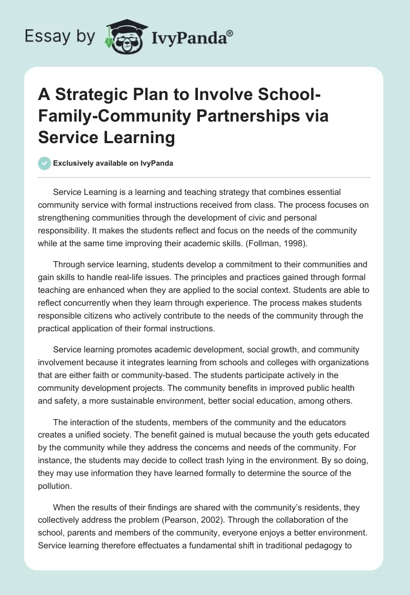 A Strategic Plan to Involve School-Family-Community Partnerships via Service Learning. Page 1