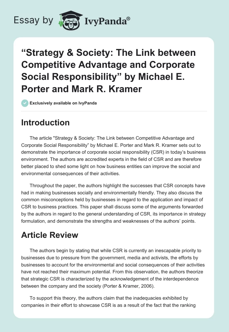 “Strategy & Society: The Link between Competitive Advantage and Corporate Social Responsibility” by Michael E. Porter and Mark R. Kramer. Page 1