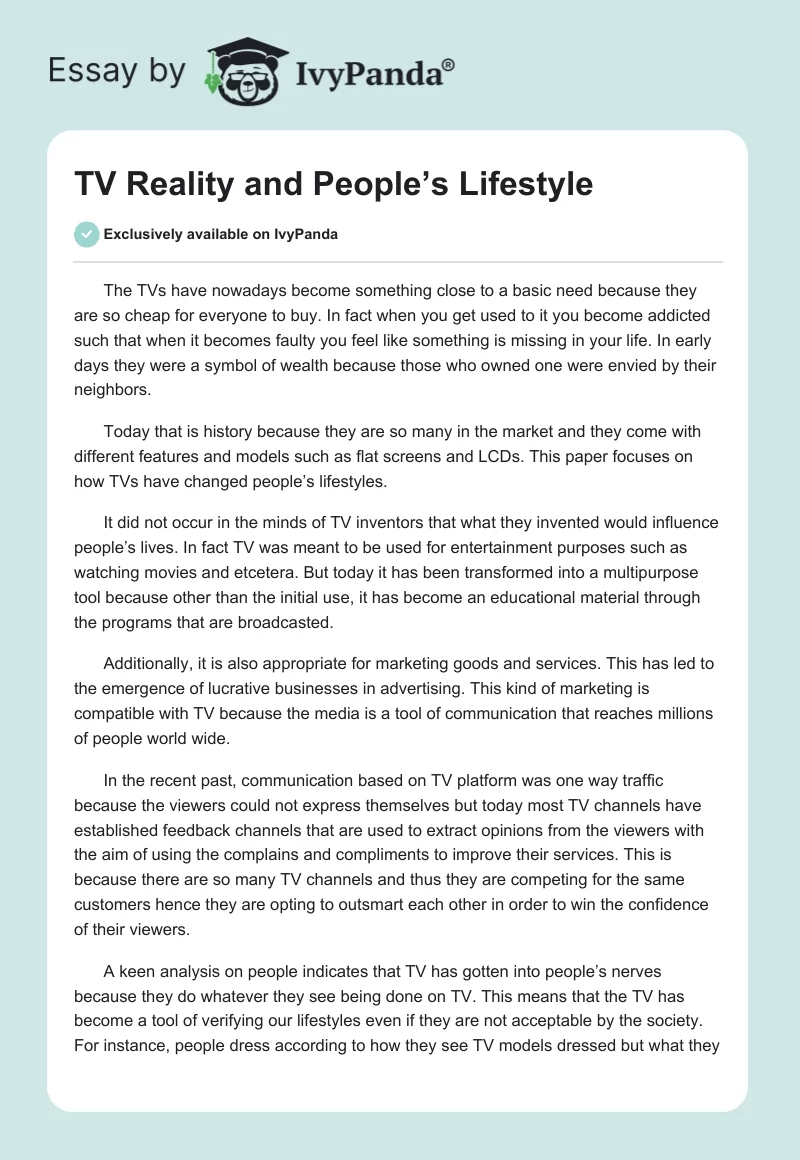 TV Reality and People’s Lifestyle. Page 1