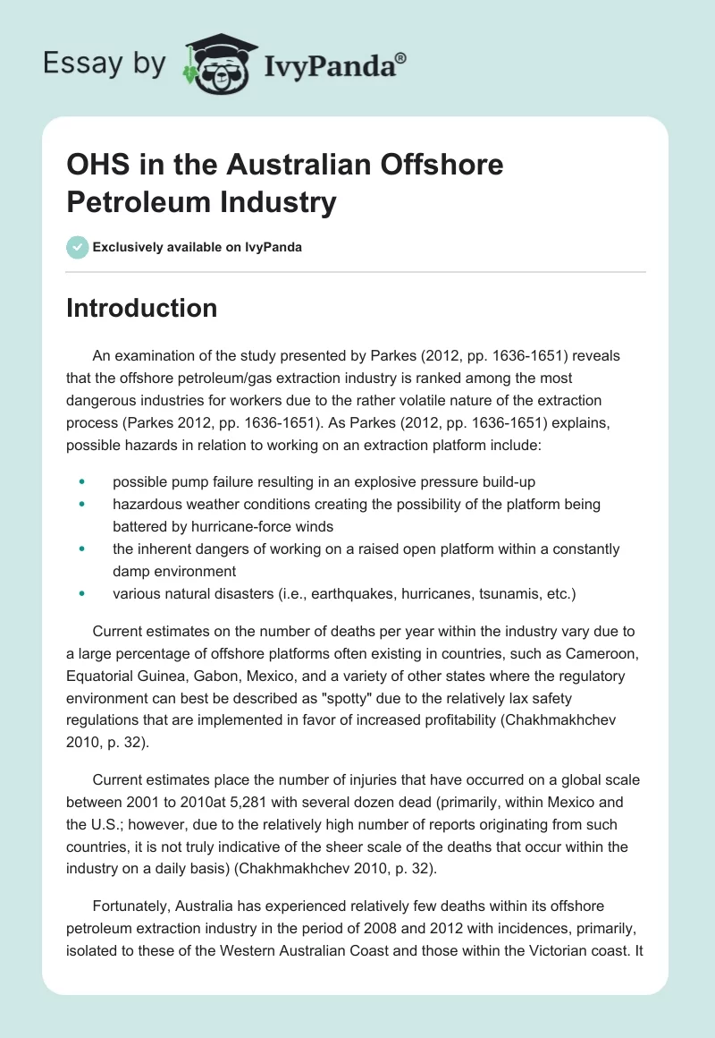 OHS in the Australian Offshore Petroleum Industry. Page 1
