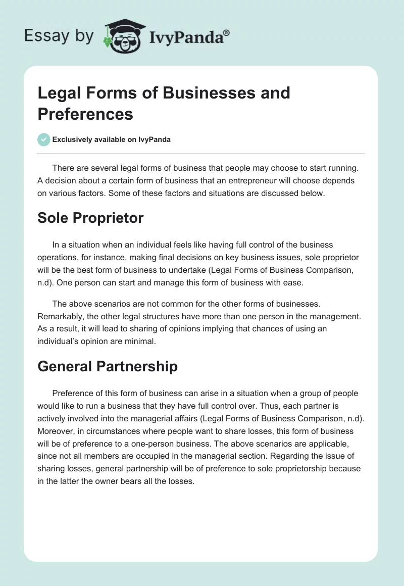 Legal Forms of Businesses and Preferences. Page 1