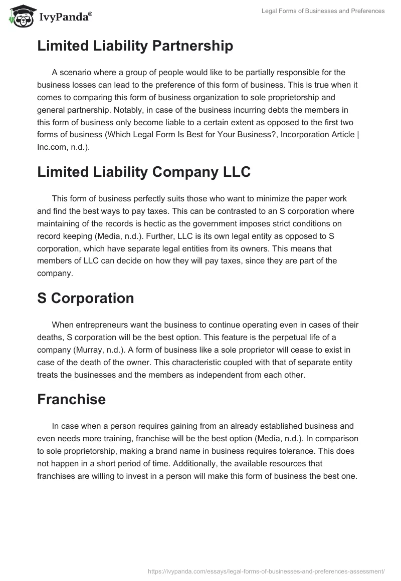 Legal Forms of Businesses and Preferences. Page 2