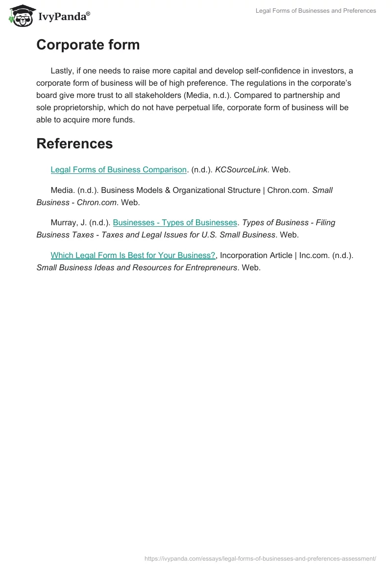 Legal Forms of Businesses and Preferences. Page 3