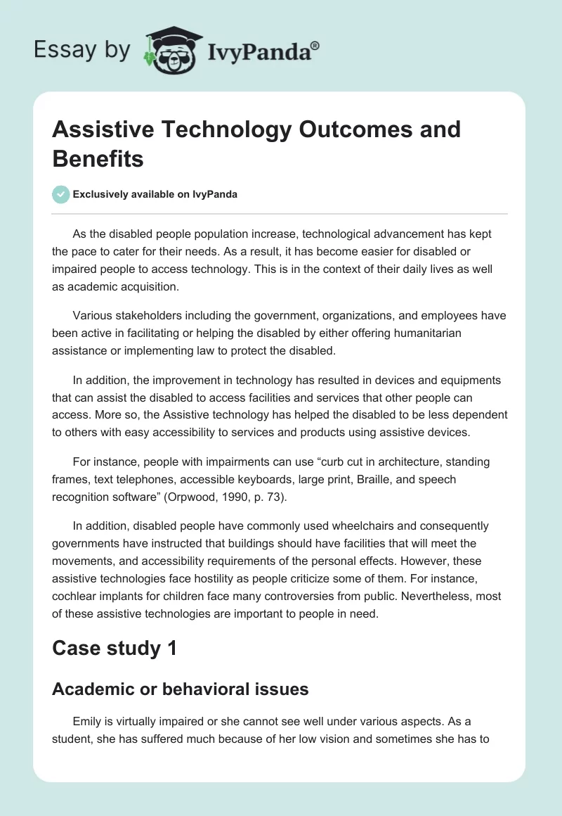 Assistive Technology Outcomes and Benefits. Page 1