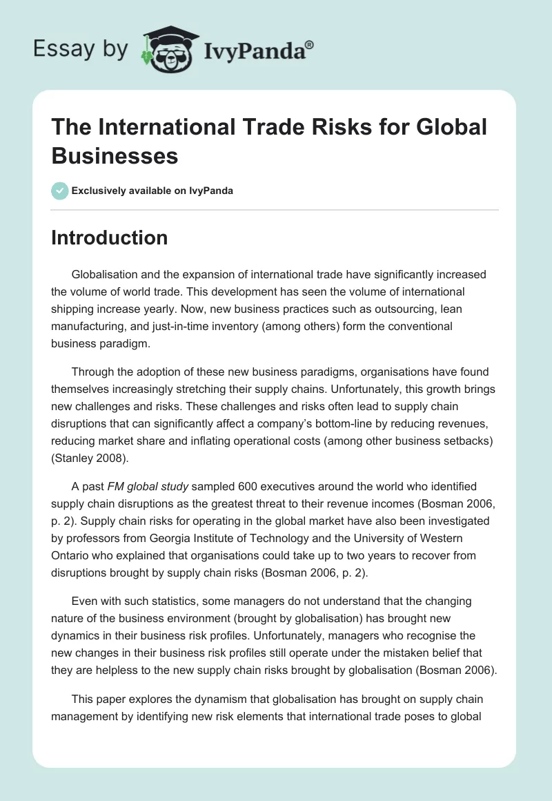 The International Trade Risks for Global Businesses. Page 1