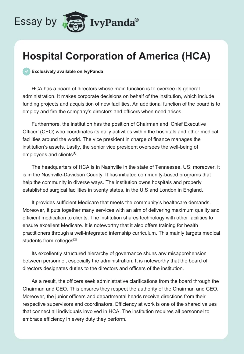 Hospital Corporation of America (HCA). Page 1
