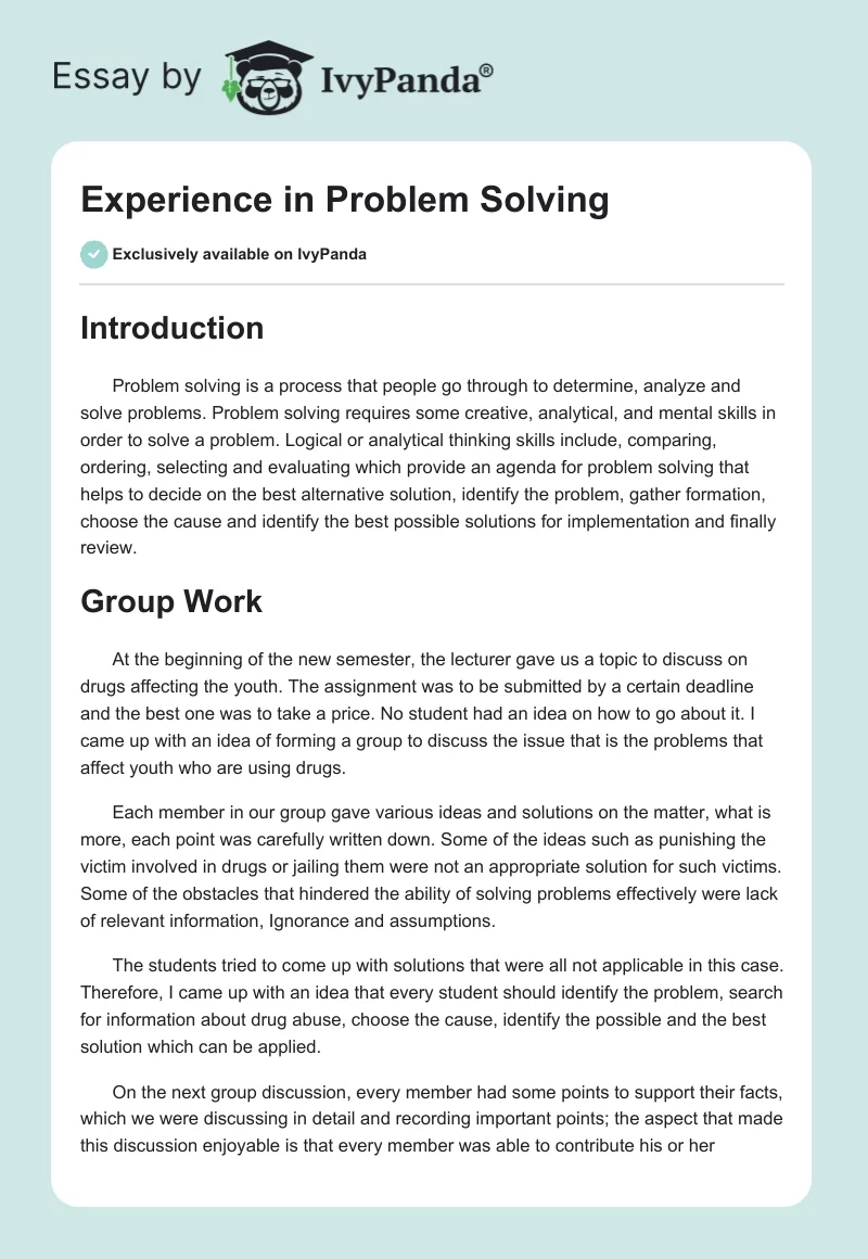 Experience in Problem Solving. Page 1
