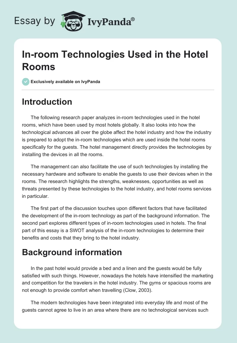 In-room Technologies Used in the Hotel Rooms. Page 1