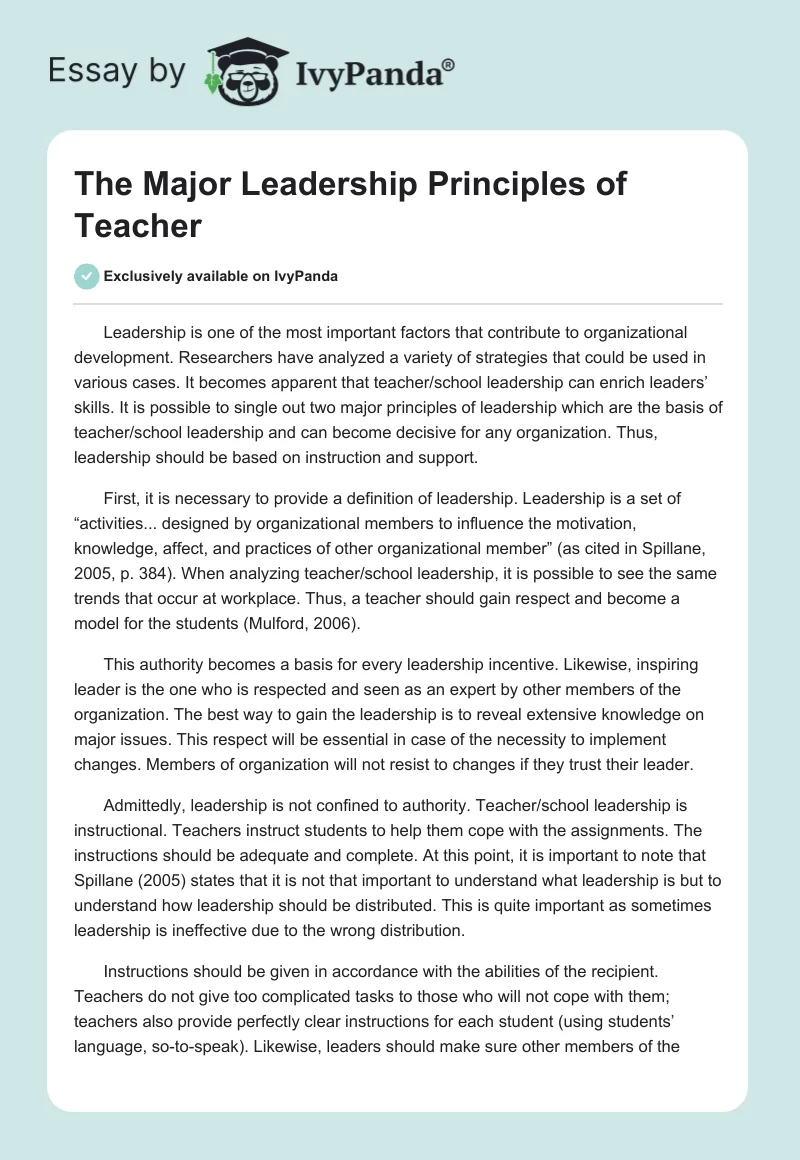 The Major Leadership Principles of Teacher. Page 1