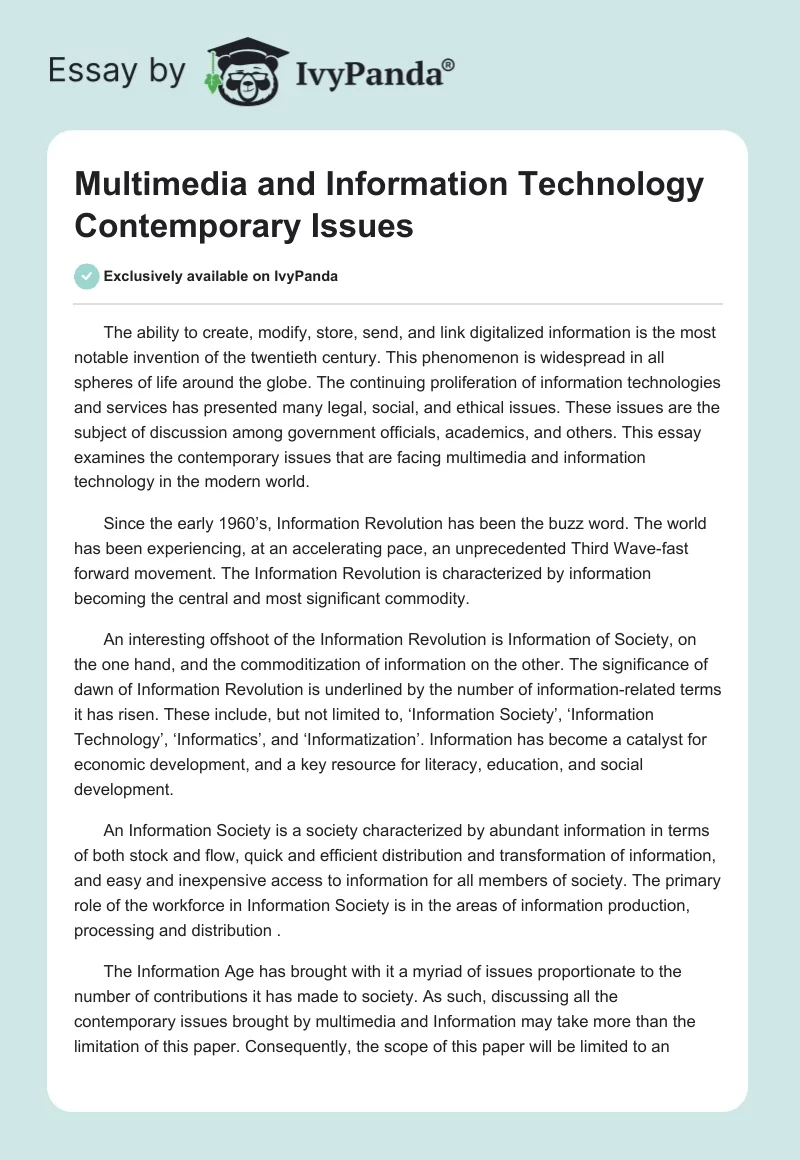 Multimedia and Information Technology Contemporary Issues. Page 1