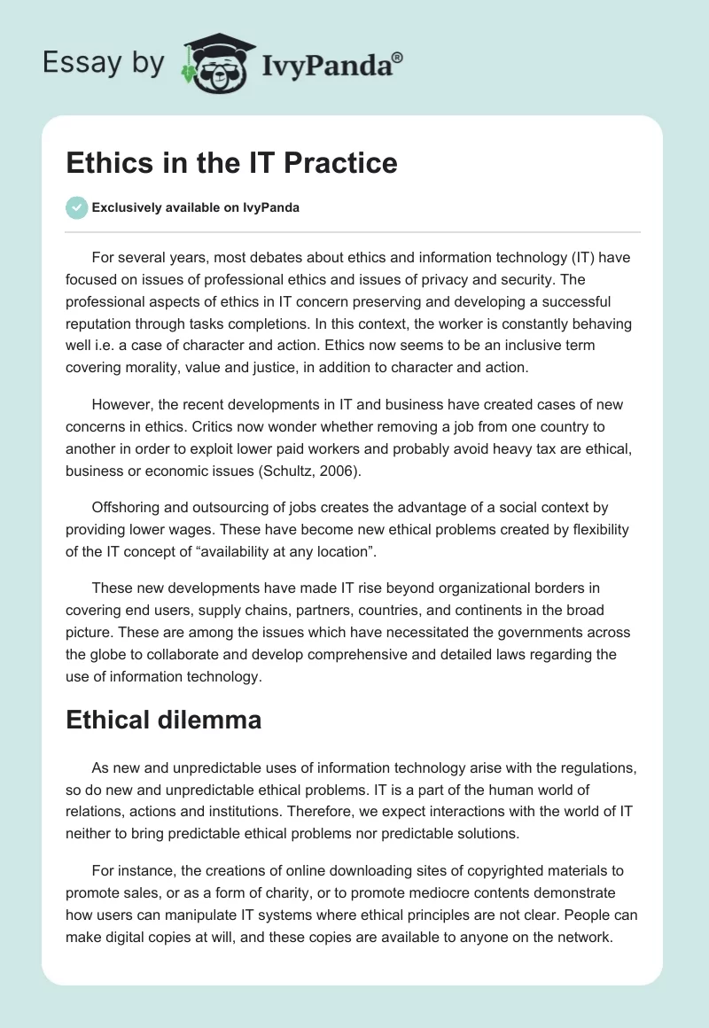 Ethics in the IT Practice. Page 1