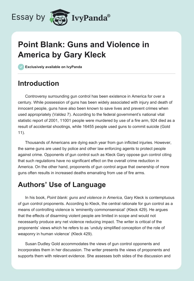 "Point Blank: Guns and Violence in America" by Gary Kleck. Page 1