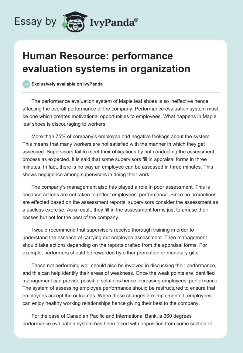 Human Resource: Performance Evaluation Systems in Organization. Page 1