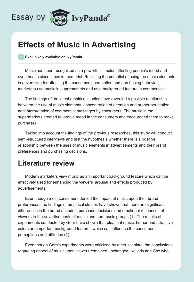 Effects of Music in Advertising. Page 1