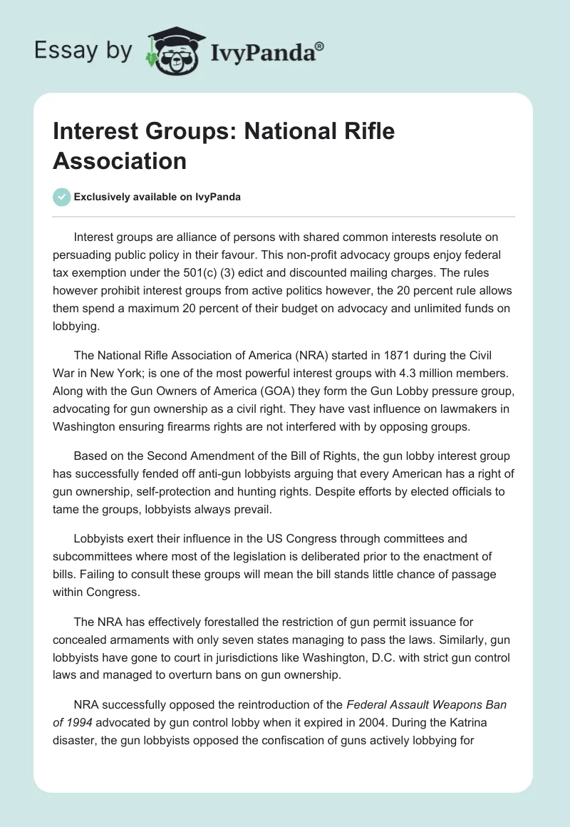 Interest Groups: National Rifle Association. Page 1