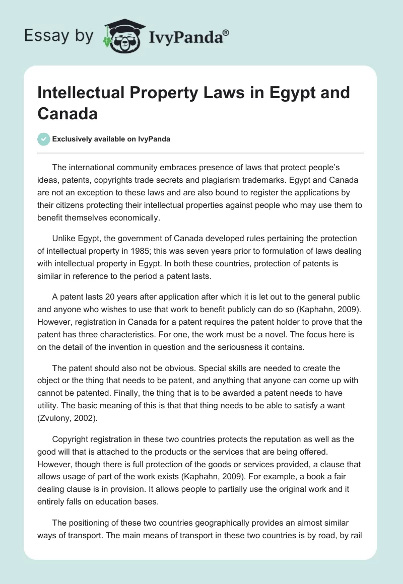Intellectual Property Laws in Egypt and Canada. Page 1
