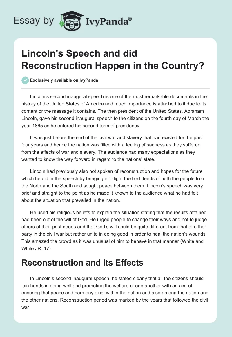 Lincoln’s Speech and Did Reconstruction Happen in the Country?. Page 1
