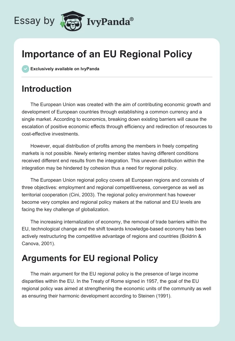 Importance of an EU Regional Policy. Page 1