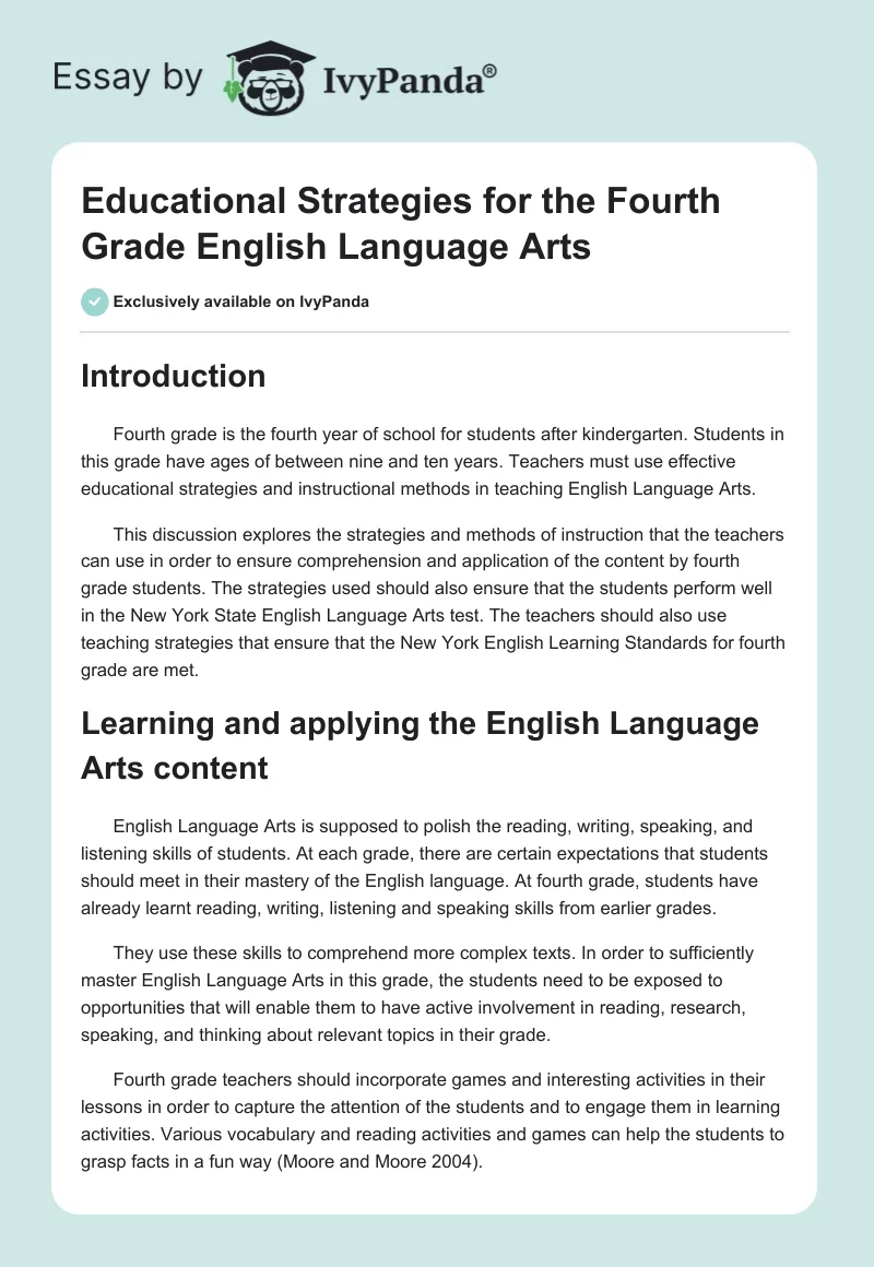 Educational Strategies for the Fourth Grade English Language Arts. Page 1
