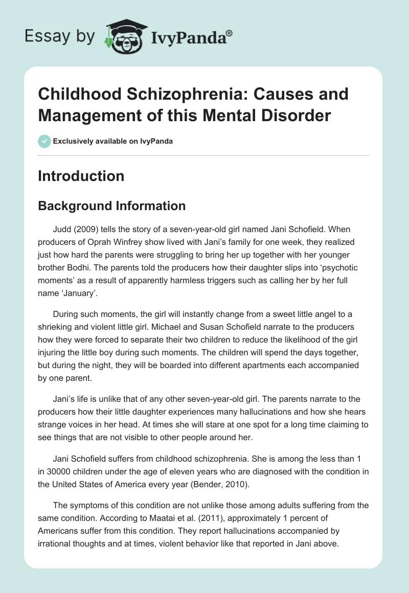 Childhood Schizophrenia: Causes and Management of This Mental Disorder. Page 1
