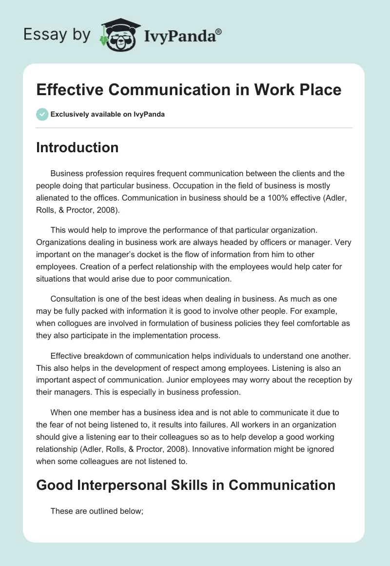 Effective Communication in Work Place. Page 1