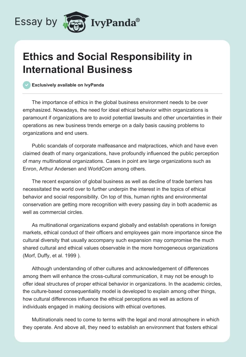Ethics and Social Responsibility in International Business. Page 1