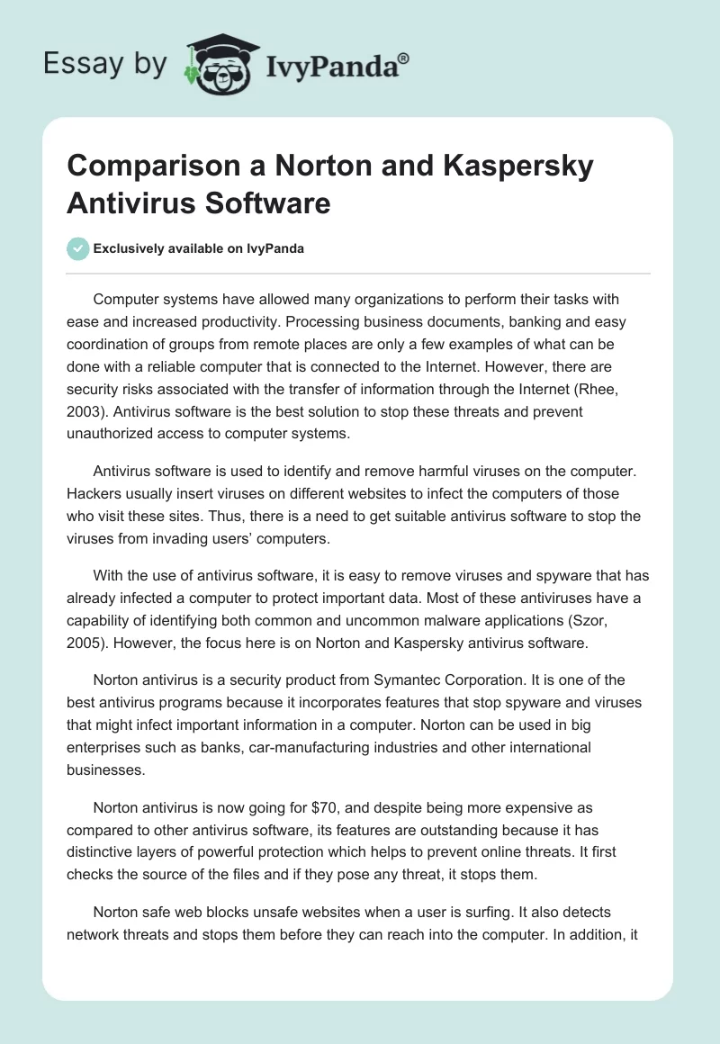 Comparison a Norton and Kaspersky Antivirus Software. Page 1