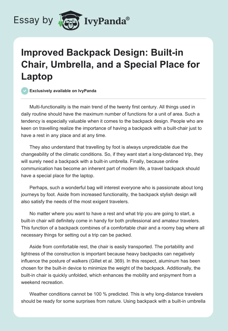 Improved Backpack Design: Built-in Chair, Umbrella, and a Special Place for Laptop. Page 1