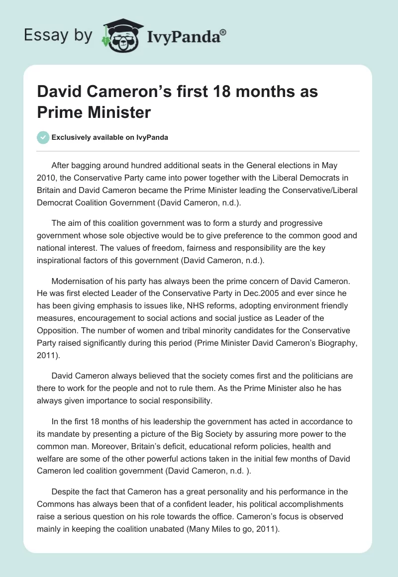 David Cameron’s first 18 months as Prime Minister. Page 1