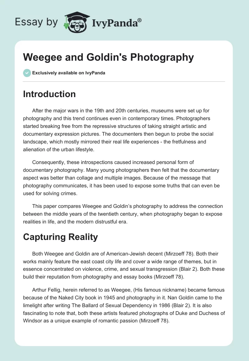 Weegee and Goldin's Photography. Page 1