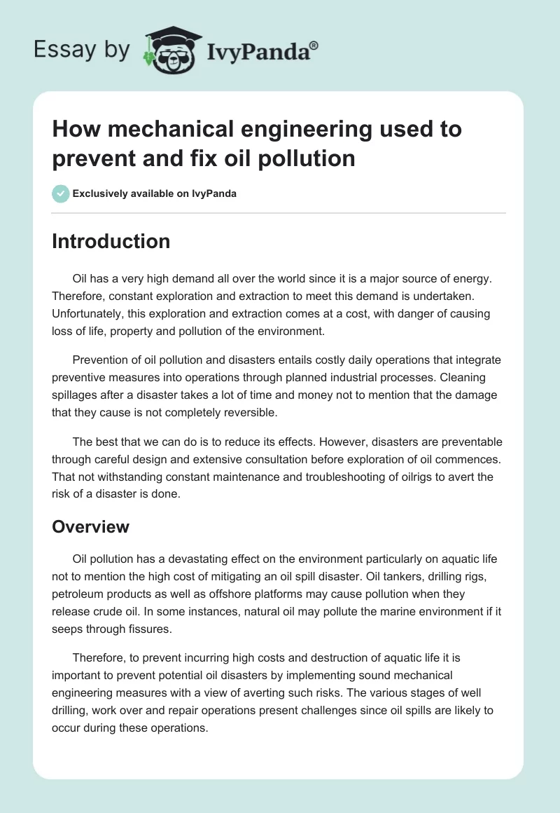 How Mechanical Engineering Used to Prevent and Fix Oil Pollution. Page 1