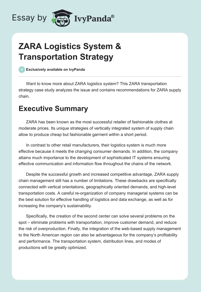ZARA Logistics System & Transportation Strategy. Page 1