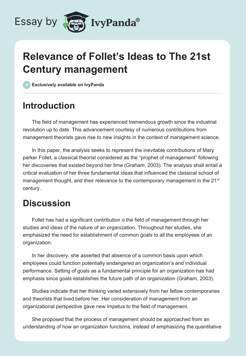 Relevance of Follet’s Ideas to The 21st Century management. Page 1