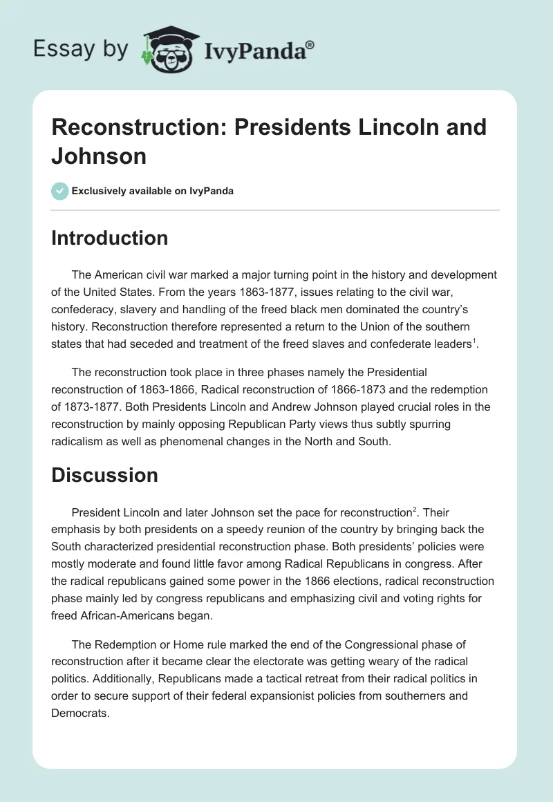Reconstruction: Presidents Lincoln and Johnson. Page 1