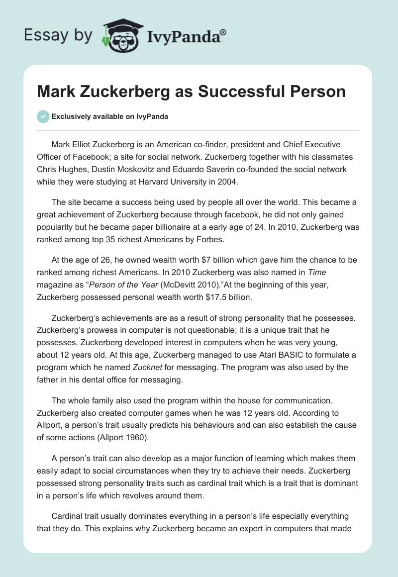 Mark Zuckerberg as Successful Person. Page 1