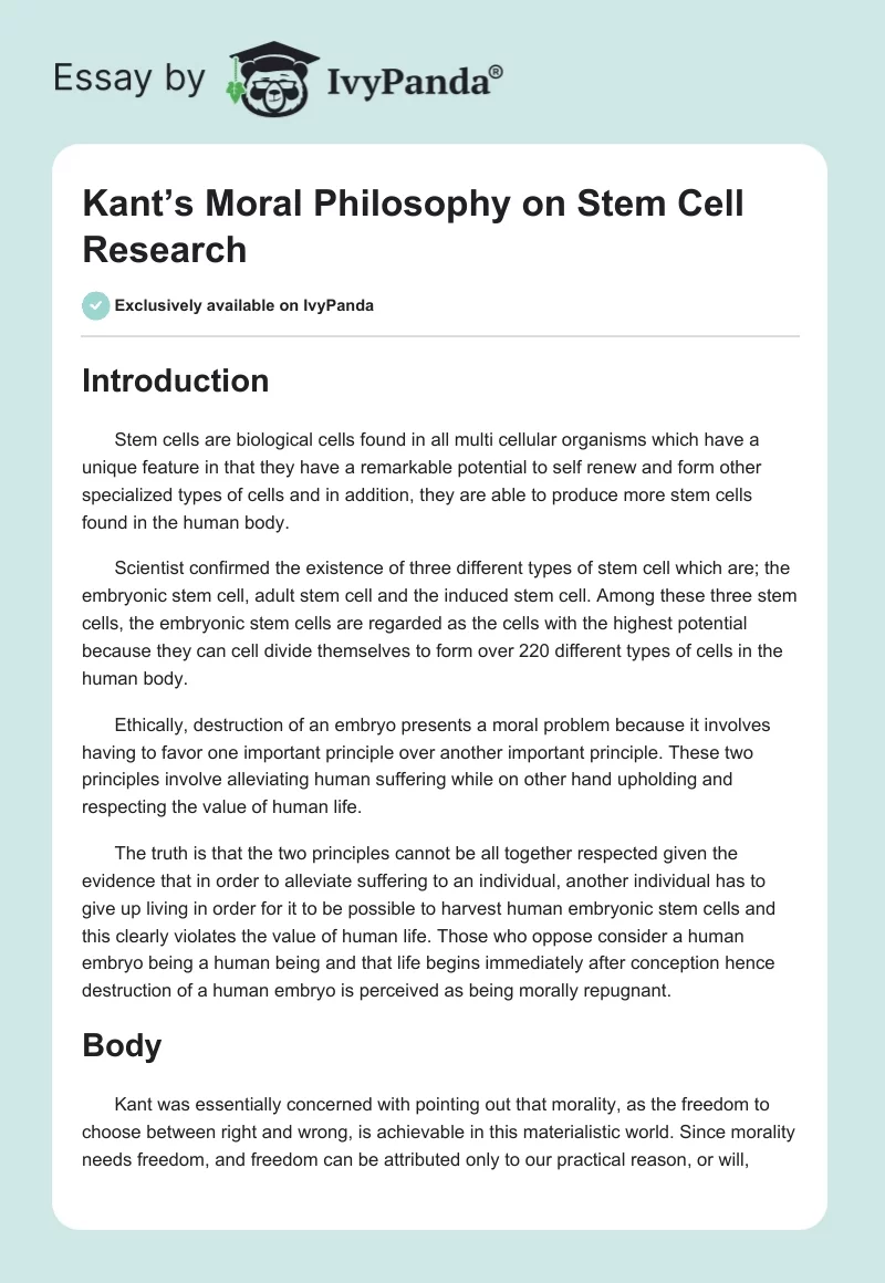 Kant’s Moral Philosophy on Stem Cell Research. Page 1