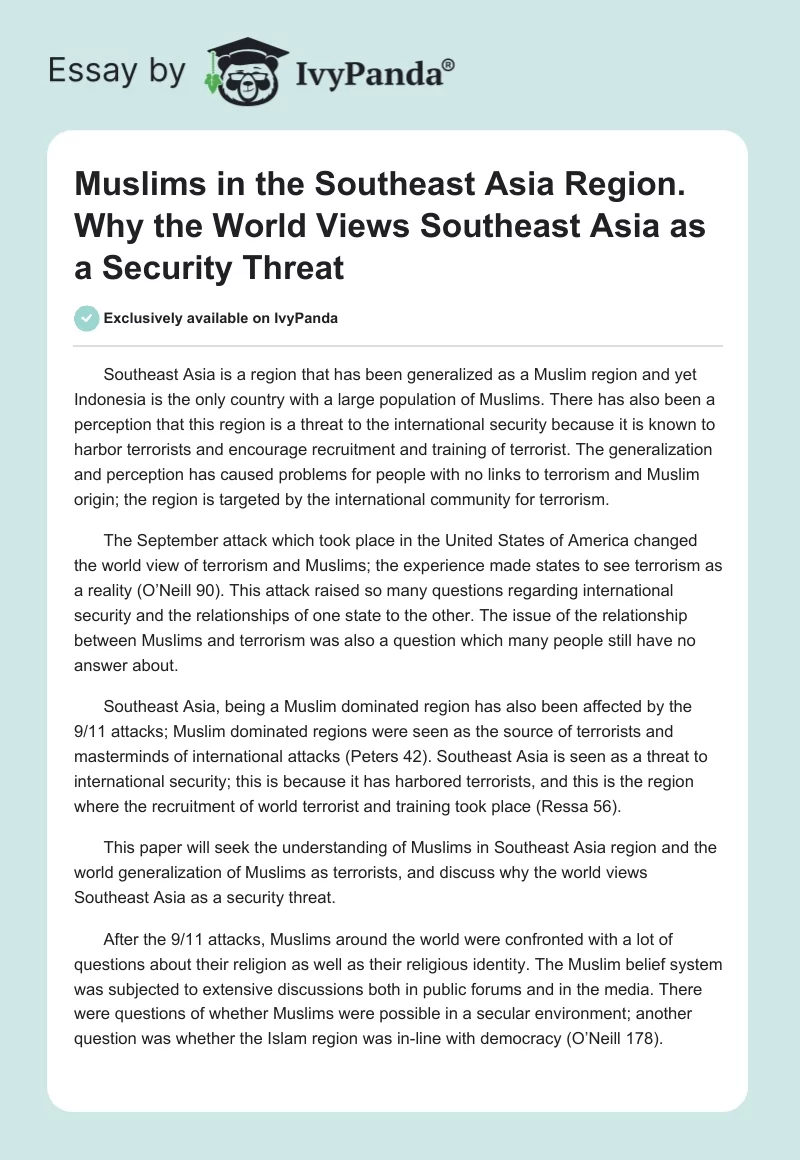 Muslims in the Southeast Asia Region. Why the World Views Southeast Asia as a Security Threat. Page 1