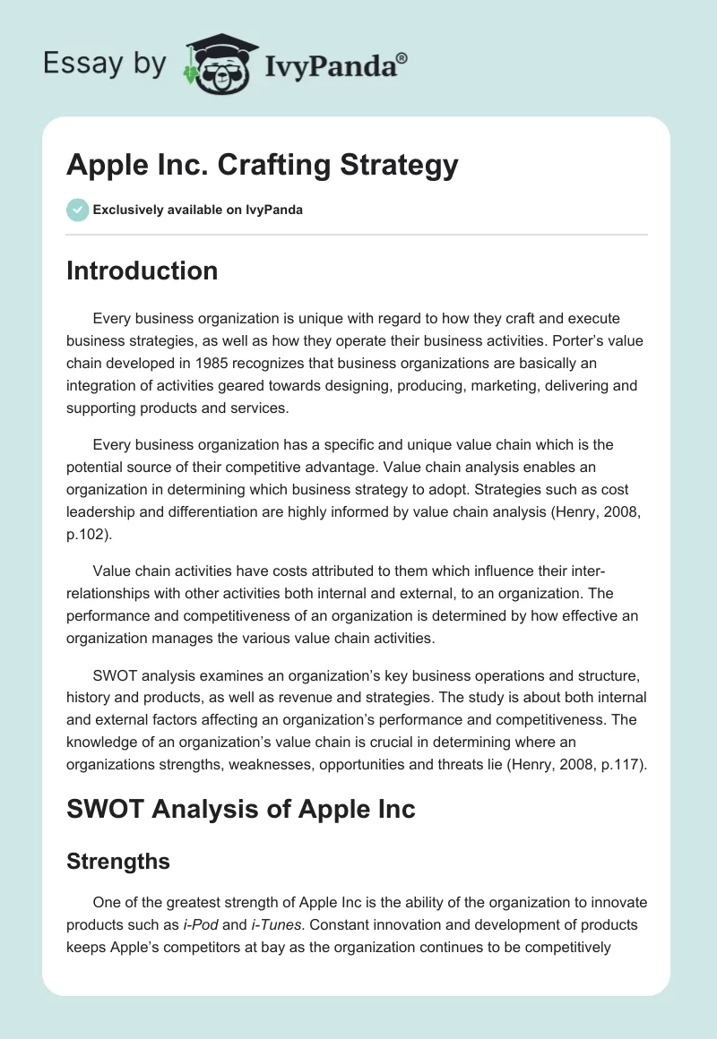 Apple Inc. Crafting Strategy. Page 1