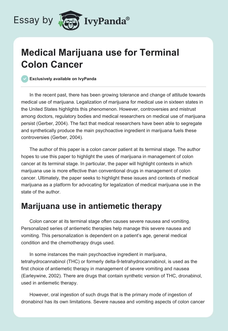 Medical Marijuana use for Terminal Colon Cancer. Page 1