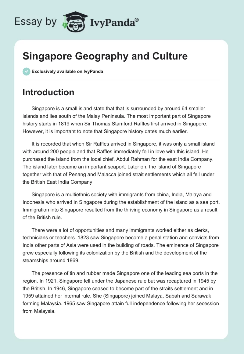 Singapore Geography and Culture. Page 1