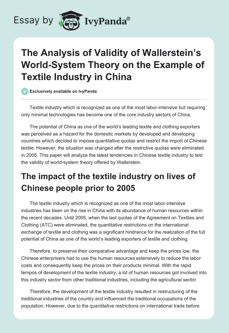 The Analysis of Validity of Wallerstein’s World-System Theory on the Example of Textile Industry in China. Page 1
