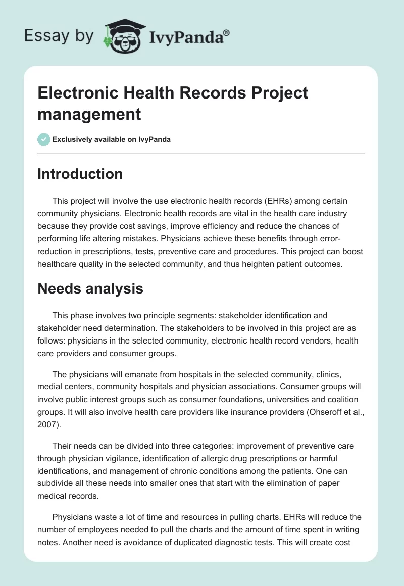 Electronic Health Records Project management. Page 1