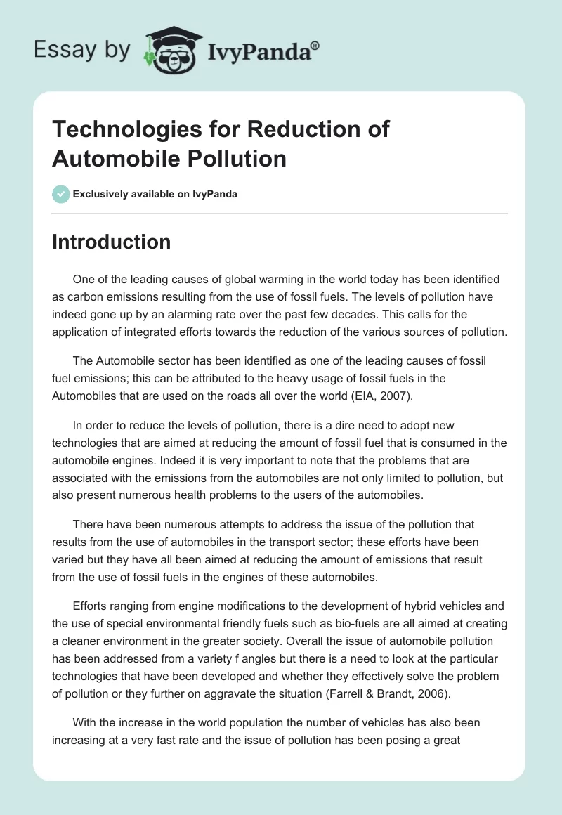 Technologies for Reduction of Automobile Pollution. Page 1